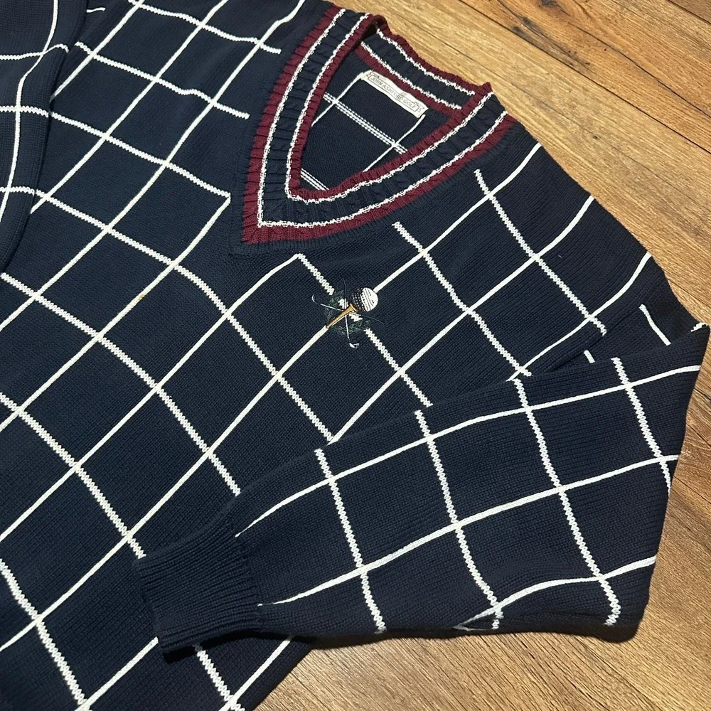 Vintage John Ashford Navy Blue Grid Golf V-Neck Sweater Mens Large